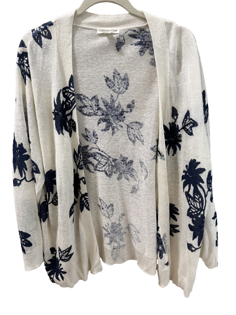 Coldwater Creek Cream Linen Blend Cardigan with Navy Floral Size 2X Cottagecore